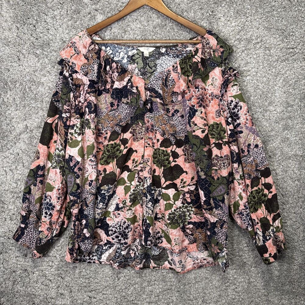 Terra & Sky Floral Ruffle Button Up Blouse Top Size 4X Long Sleeve Flowy Boho
